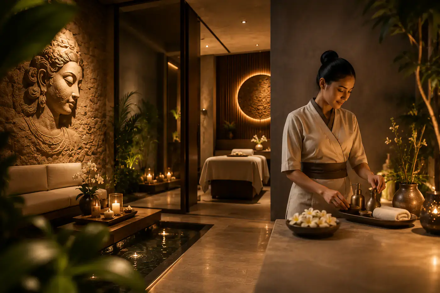 Next Balance Spa therapist preparing massage oils and fresh frangipani flowers beside a private treatment room