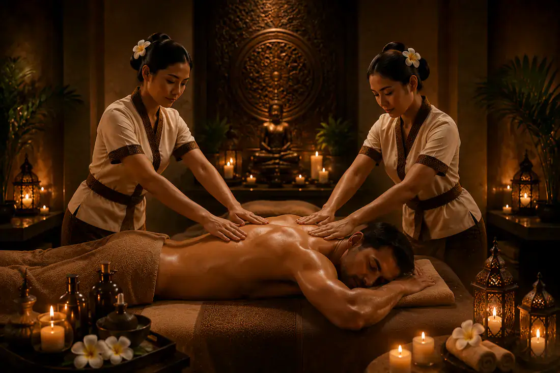 Four hand massage performed in synchronised rhythm by two certified therapists at Next Balance Spa, Dubai