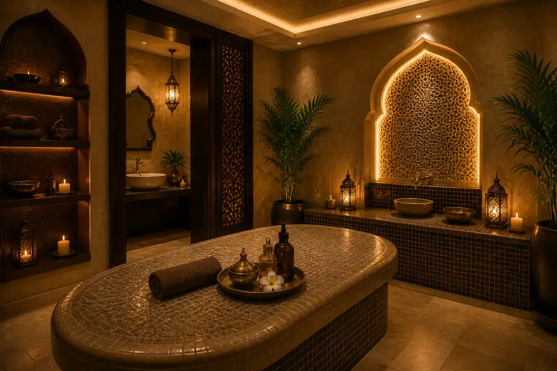 Moroccan bath treatment room with a tiled soaking table, backlit arch and brass wash bowls