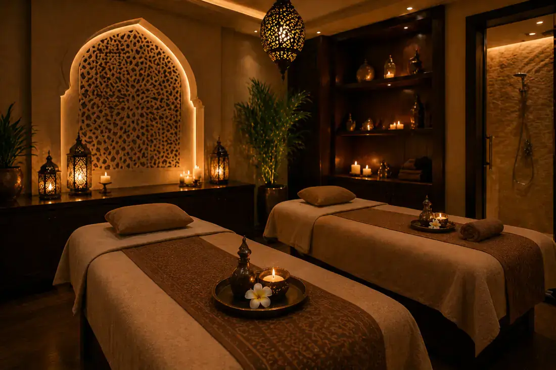 Private treatment room 1 at Next Balance Spa in Al Jaddaf, Dubai, prepared with fresh linen and candlelight