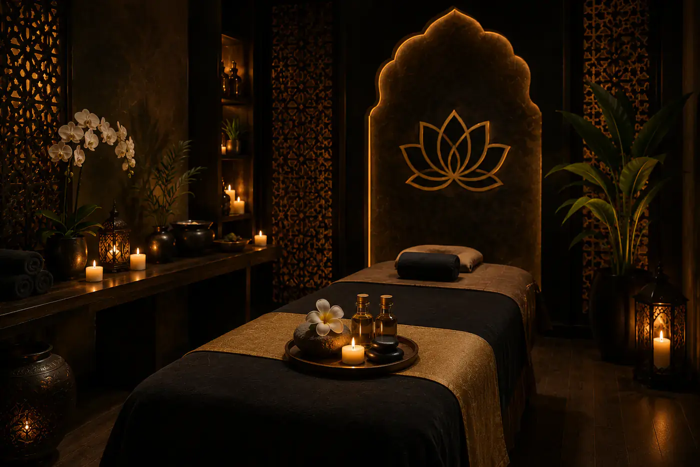 Interior of Next Balance Spa in Al Jaddaf, Dubai, finished in warm stone with soft ambient lighting