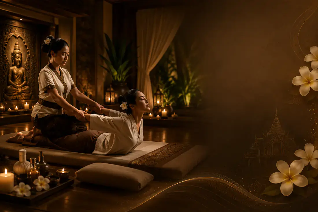 Authentic Thai massage being performed by a certified therapist on a traditional Thai mat at Next Balance Spa, Al Jaddaf